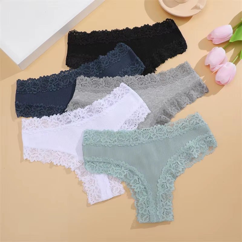 5Pcs/Set Women Cotton Panties Floral Lace Intimate Underwear Trendy Patchwork Lace Briefs Female Soft Underpants Lingerie S-XL
