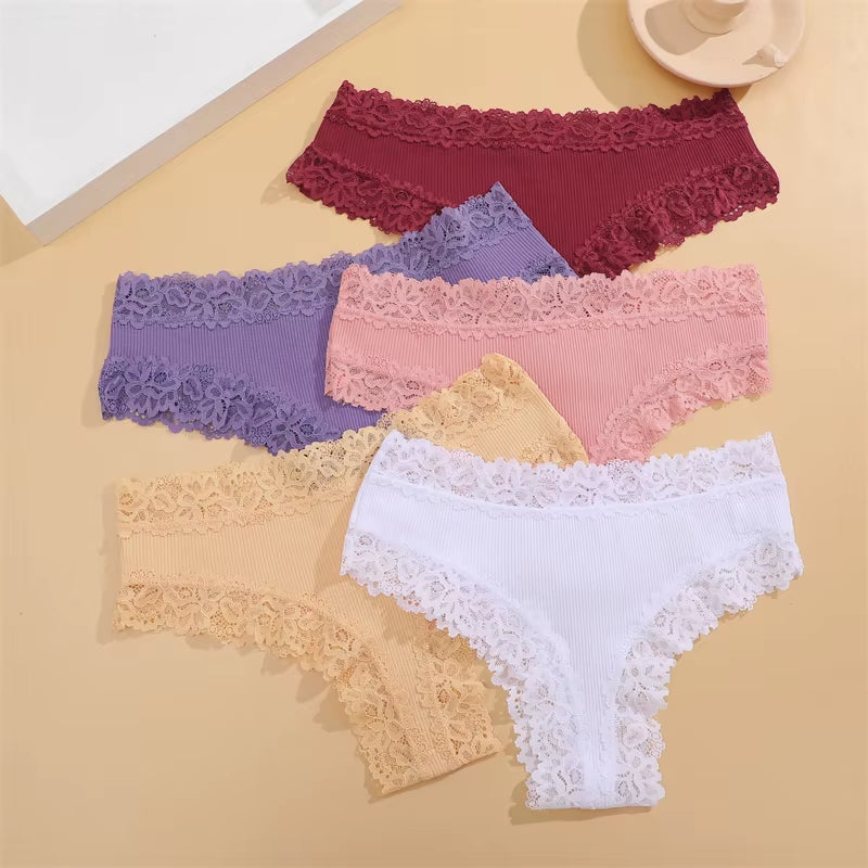 5Pcs/Set Women Cotton Panties Floral Lace Intimate Underwear Trendy Patchwork Lace Briefs Female Soft Underpants Lingerie S-XL