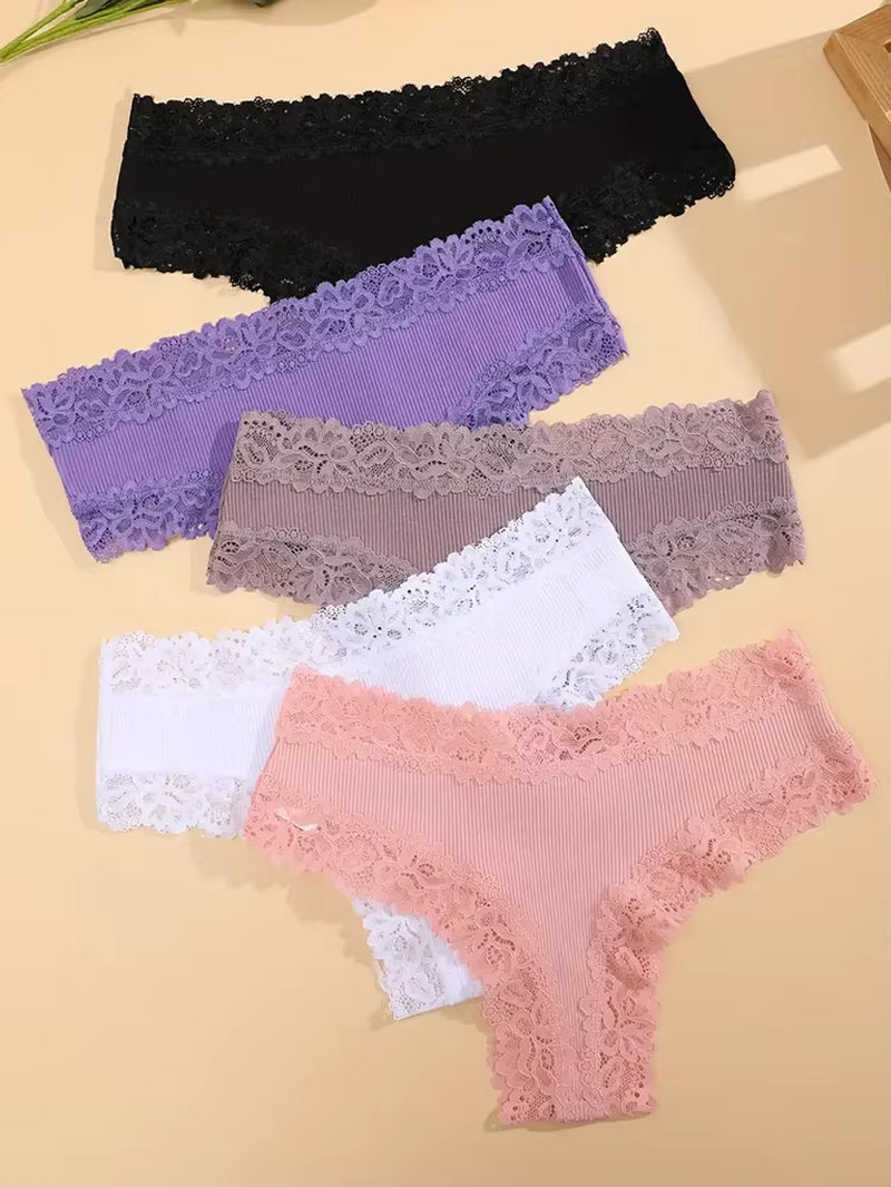 5Pcs/Set Women Cotton Panties Floral Lace Intimate Underwear Trendy Patchwork Lace Briefs Female Soft Underpants Lingerie S-XL