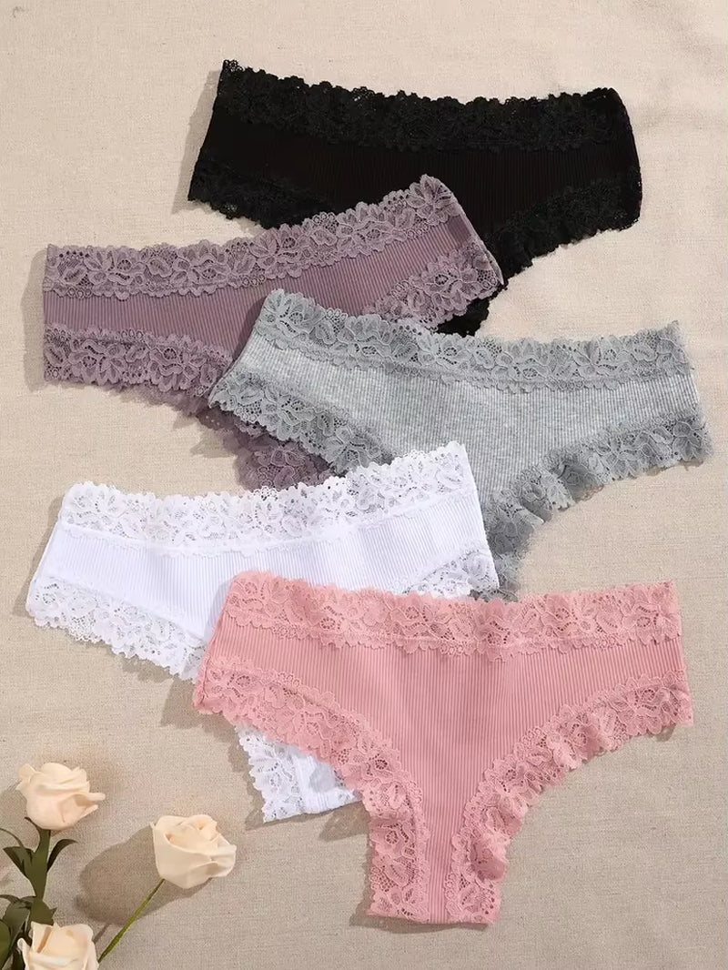 5Pcs/Set Women Cotton Panties Floral Lace Intimate Underwear Trendy Patchwork Lace Briefs Female Soft Underpants Lingerie S-XL