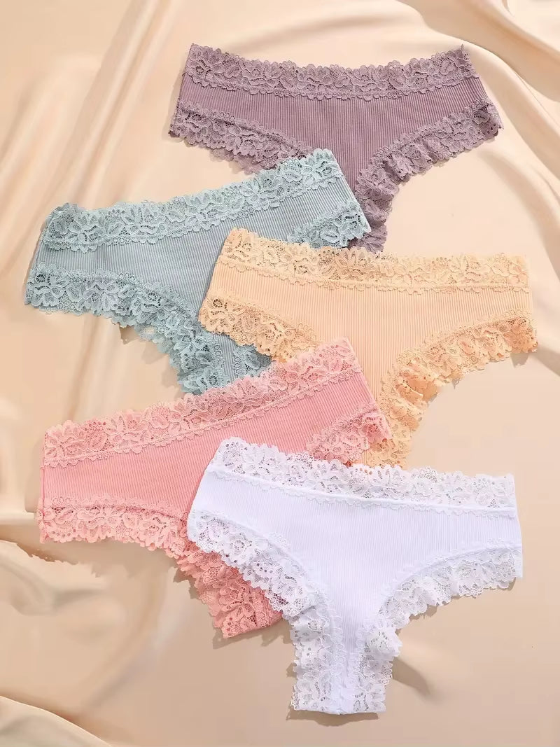 5Pcs/Set Women Cotton Panties Floral Lace Intimate Underwear Trendy Patchwork Lace Briefs Female Soft Underpants Lingerie S-XL