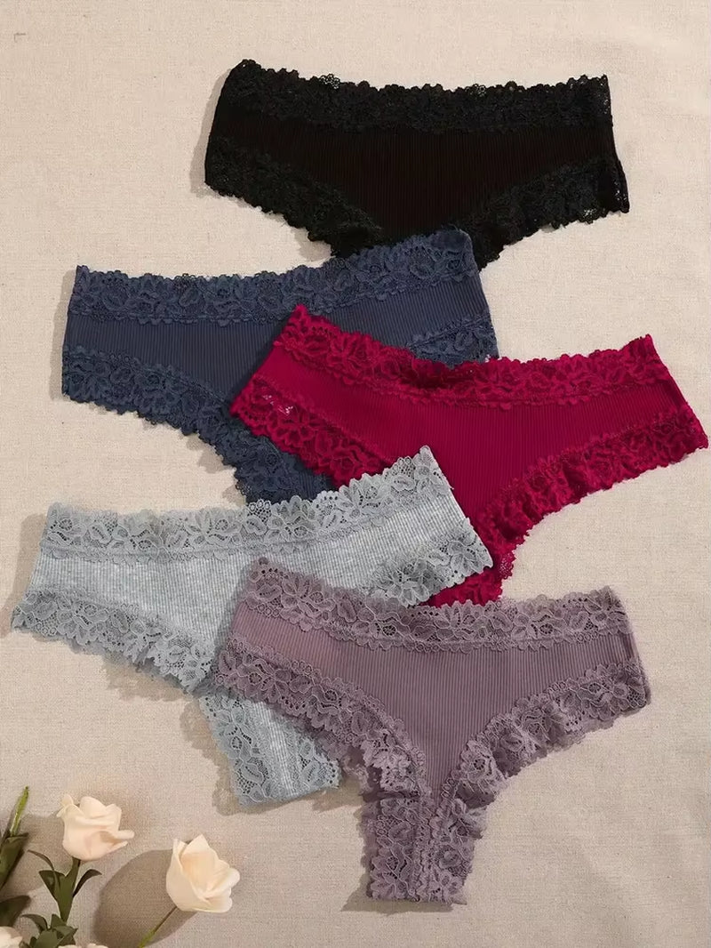 5Pcs/Set Women Cotton Panties Floral Lace Intimate Underwear Trendy Patchwork Lace Briefs Female Soft Underpants Lingerie S-XL