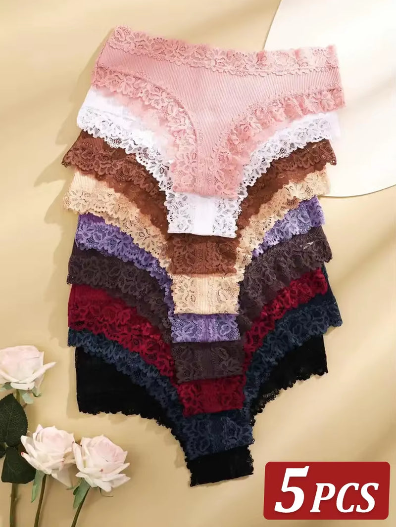 5Pcs/Set Women Cotton Panties Floral Lace Intimate Underwear Trendy Patchwork Lace Briefs Female Soft Underpants Lingerie S-XL